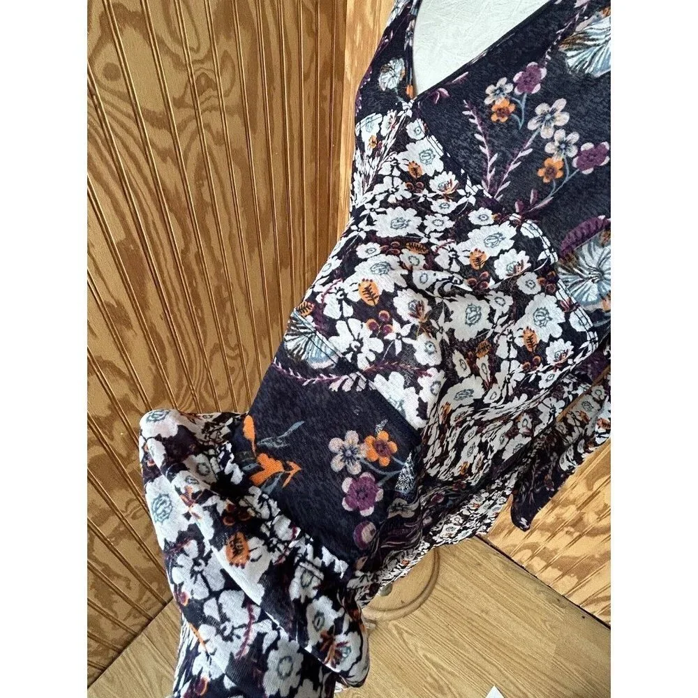 Free People Babydoll Floral Blue/Purple Oversize‎ Stretch Blouse XS  Long Sleeve